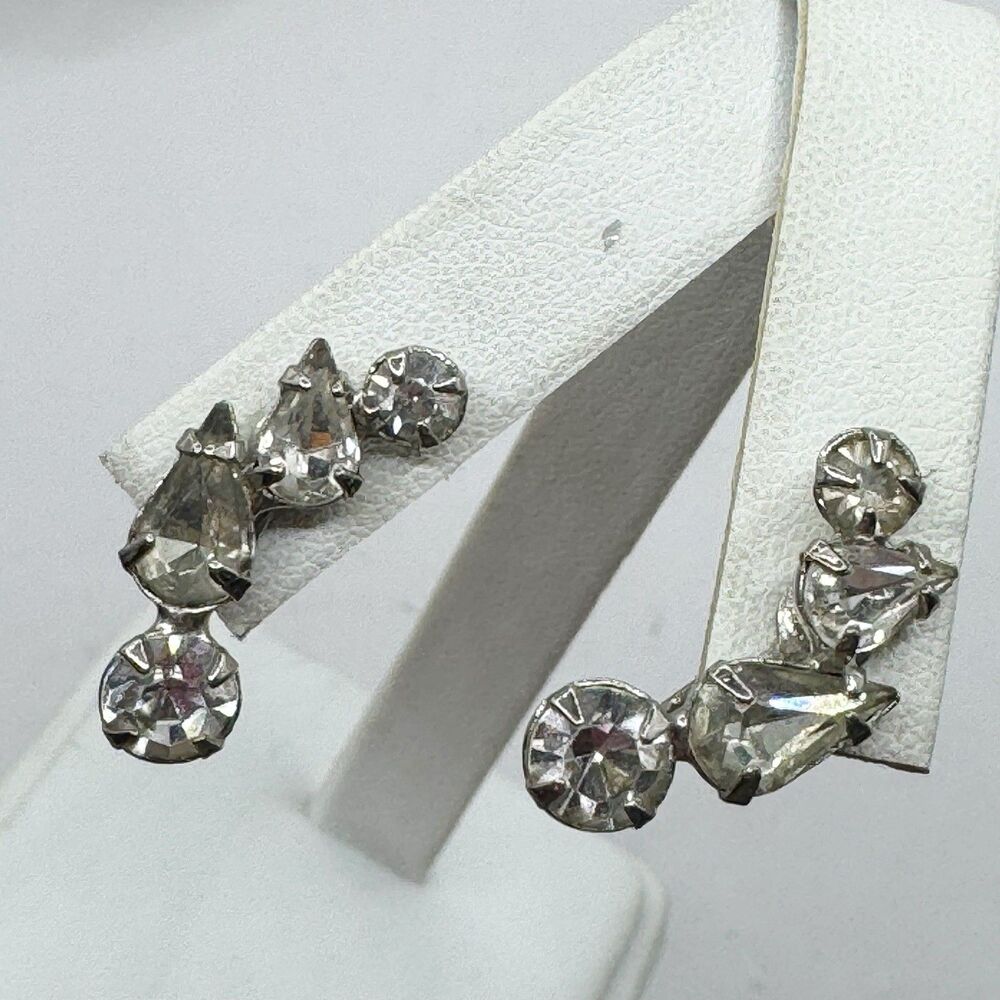 Vtg MCM Mid Century Clear Rhinestone Round Teardrop Screw back Earrings Evening